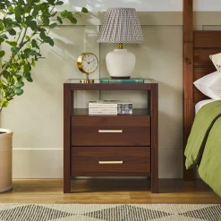 Isla Modern Easy Assembly Solid Wood 2-Drawer Nightstand Side Table with Glass Top