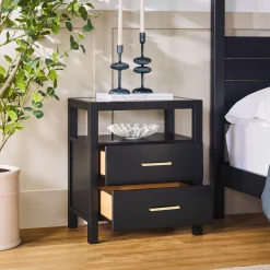 Isla Modern Easy Assembly Solid Wood 2-Drawer Nightstand Side Table with Glass Top