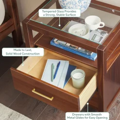 Isla Modern Easy Assembly Solid Wood 2-Drawer Nightstand Side Table with Glass Top