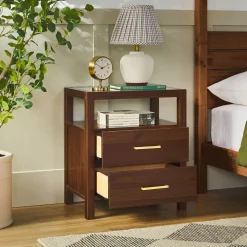 Isla Modern Easy Assembly Solid Wood 2-Drawer Nightstand Side Table with Glass Top