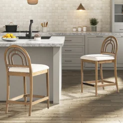 Leon 27' Arched Back Wood & Upholstered Counter Stool, Set of 2