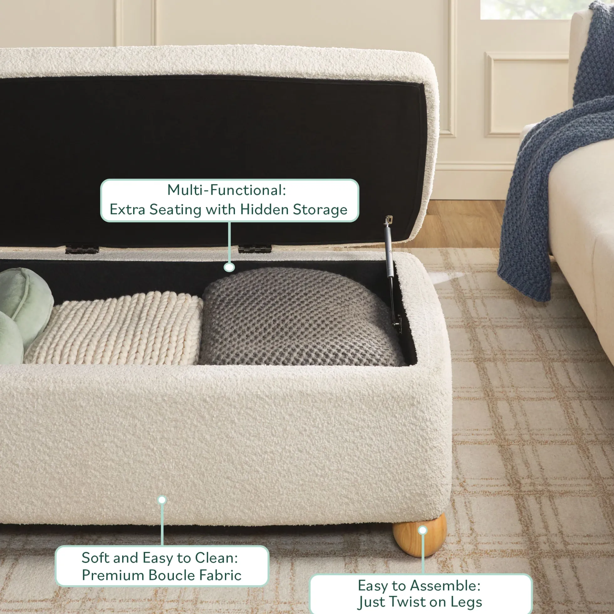 Linley Contemporary Boucle Easy Assembly Upholstered Large Storage Ottoman