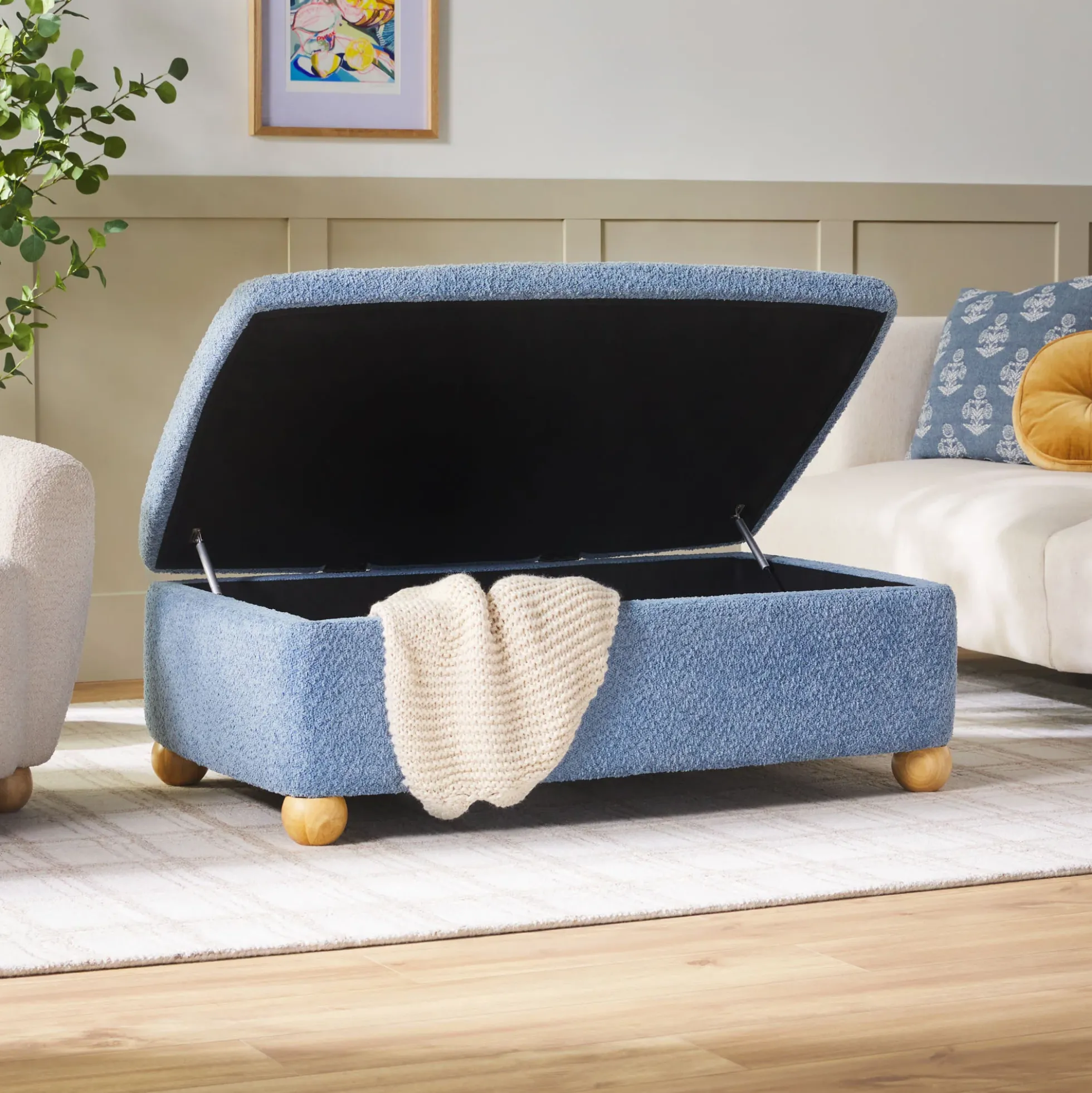 Linley Contemporary Boucle Easy Assembly Upholstered Large Storage Ottoman
