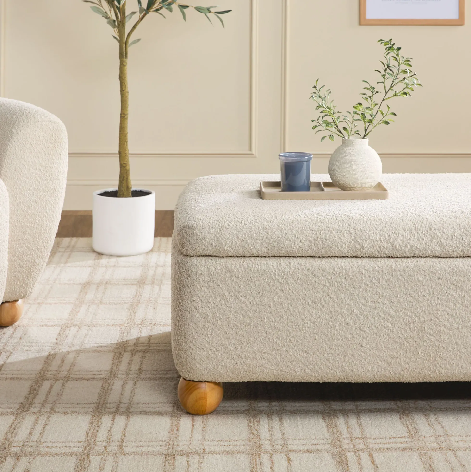 Linley Contemporary Boucle Easy Assembly Upholstered Large Storage Ottoman
