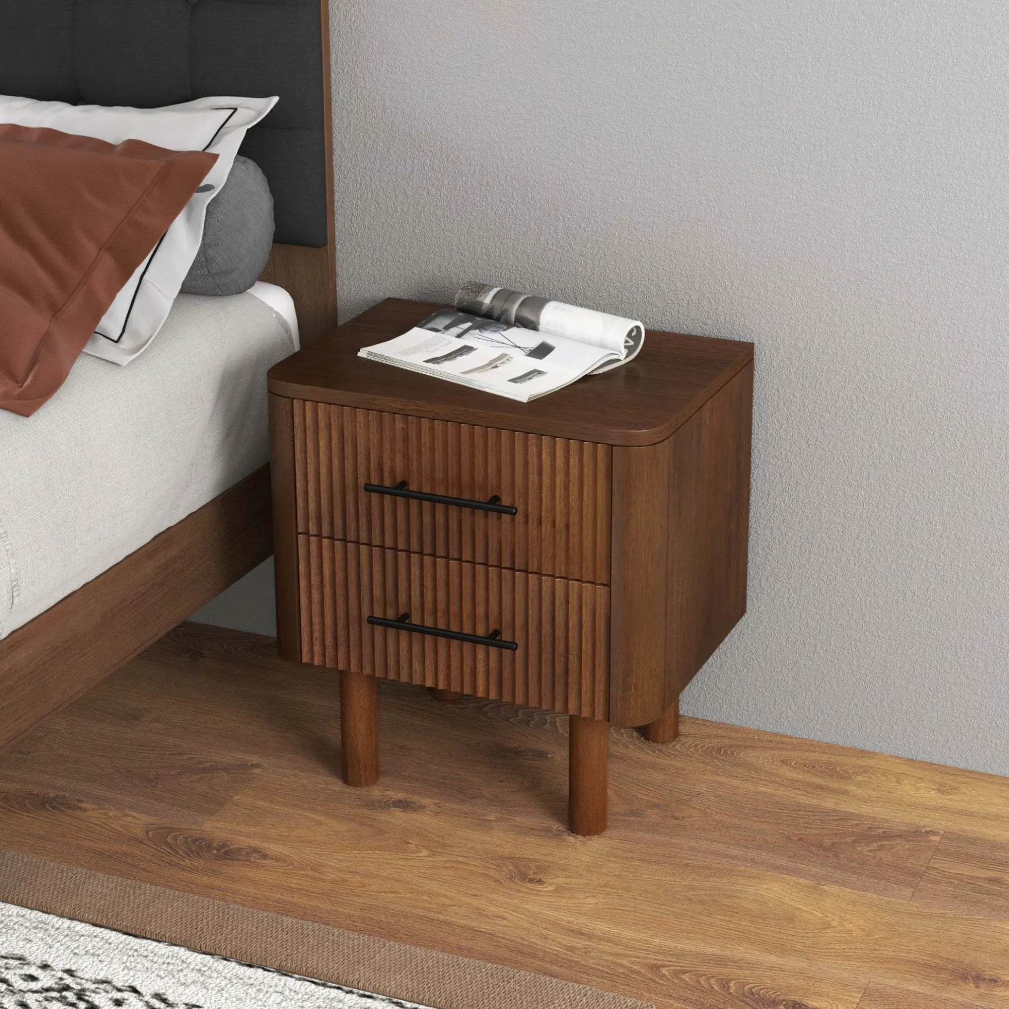 Logan Mid Century Modern Reeded Nightstand with 2 Drawers
