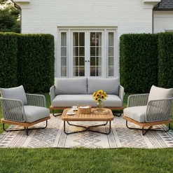 Lucca Outdoor 4 Piece Acacia Wood & Rope Woven Sofa Conversation Set