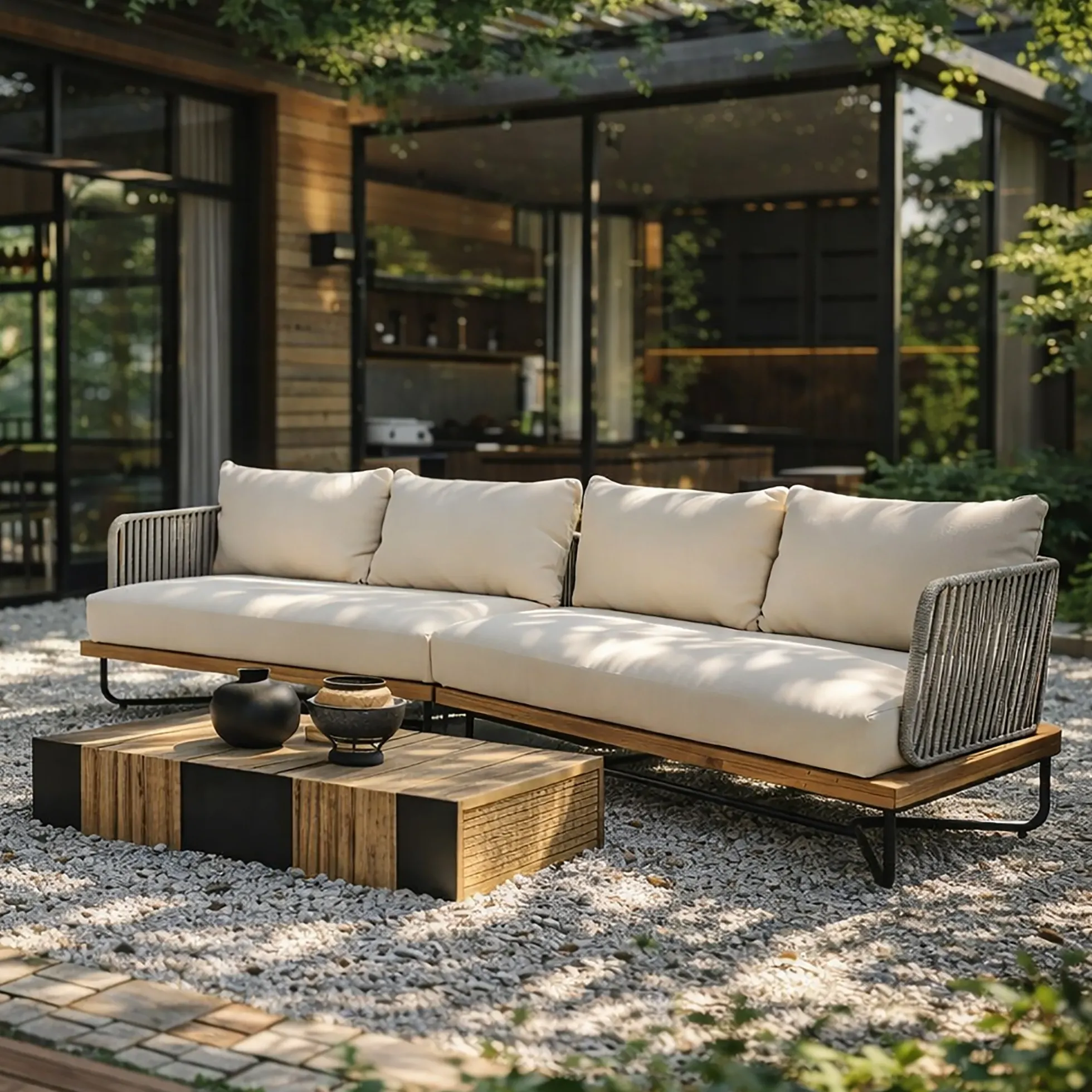 Lucca Outdoor Acacia Wood Rope Woven Sofa Sectional Modular Set