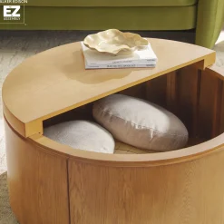 Maya 36" Modern Easy Assembly Round Oak Wood Veneer Coffee table with Storage