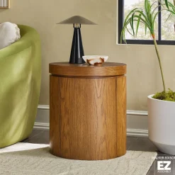 Maya 18" Modern Easy Assembly Round Oak Wood Veneer Side Table with Storage