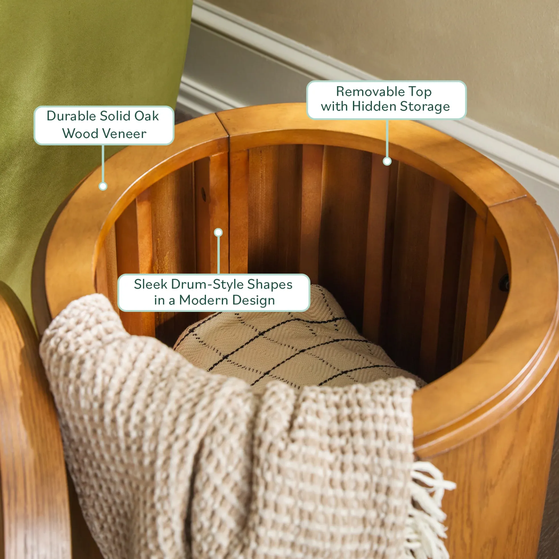 Maya 18" Modern Easy Assembly Round Oak Wood Veneer Side Table with Storage