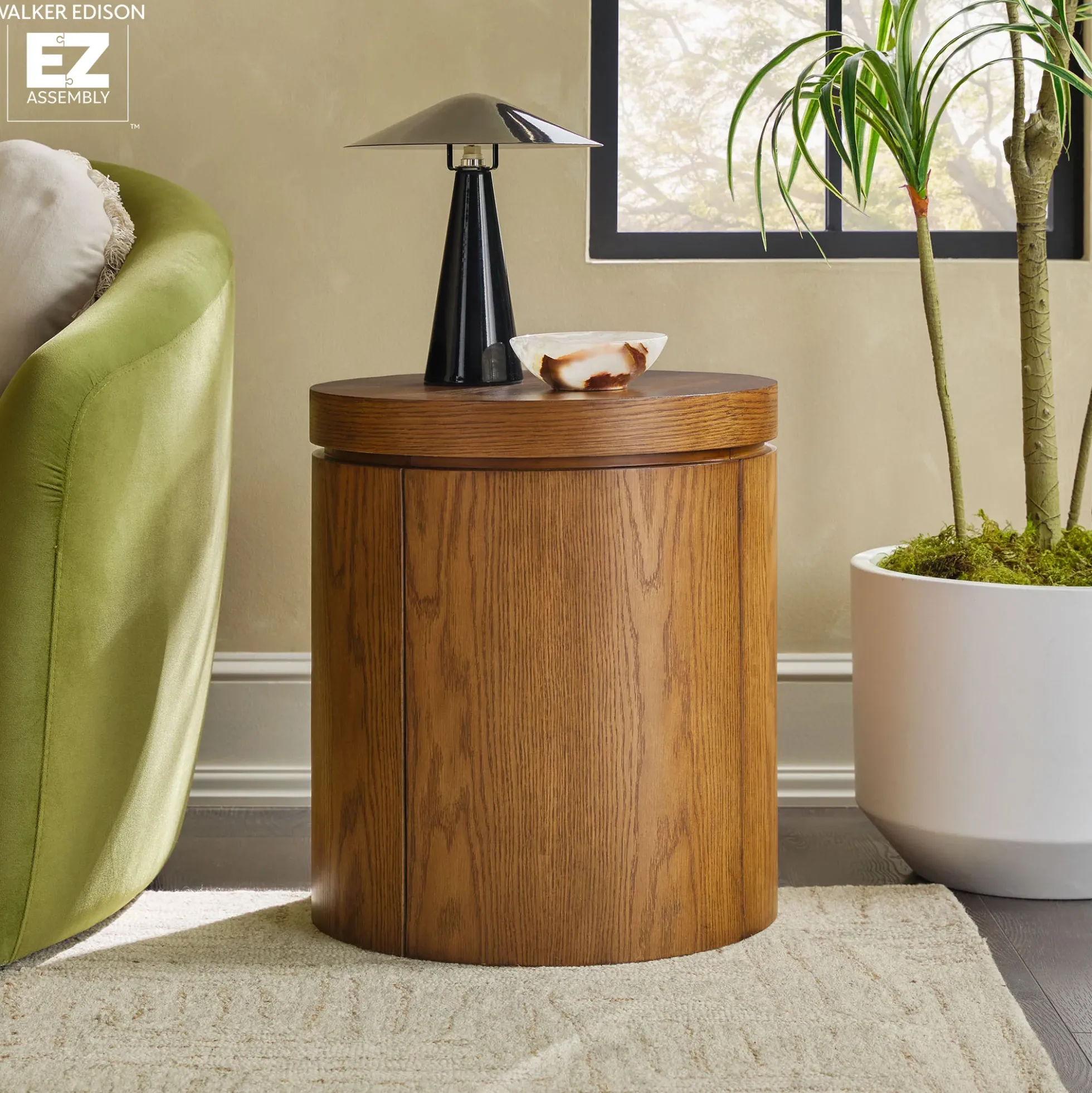 Maya 18" Modern Easy Assembly Round Oak Wood Veneer Side Table with Storage