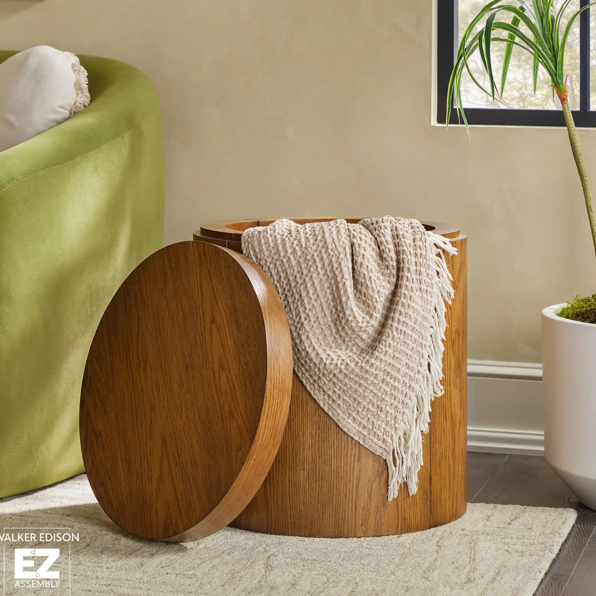 Maya 18" Modern Easy Assembly Round Oak Wood Veneer Side Table with Storage