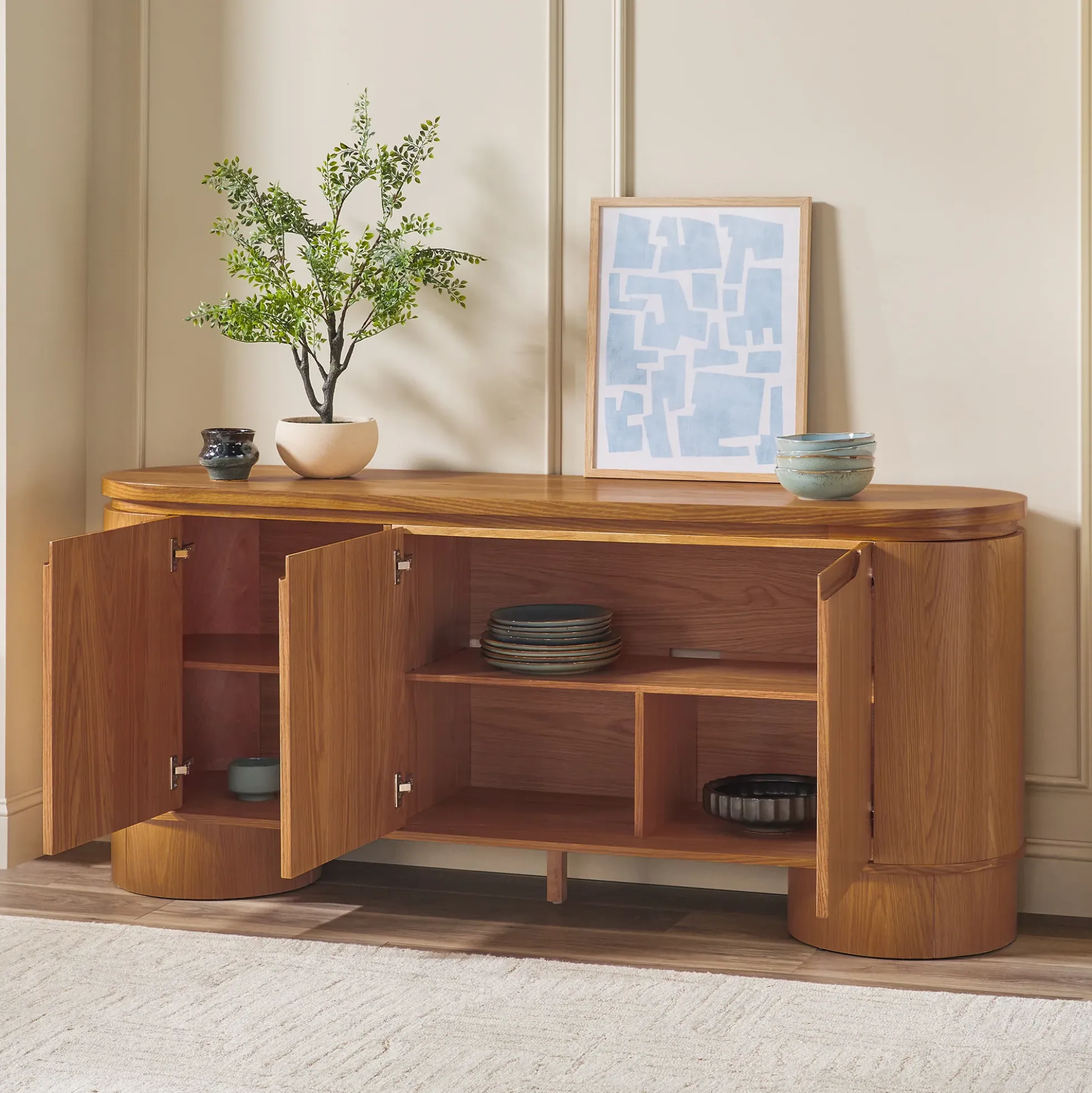 Maya Modern Curved Wood 70" TV Stand Sideboard