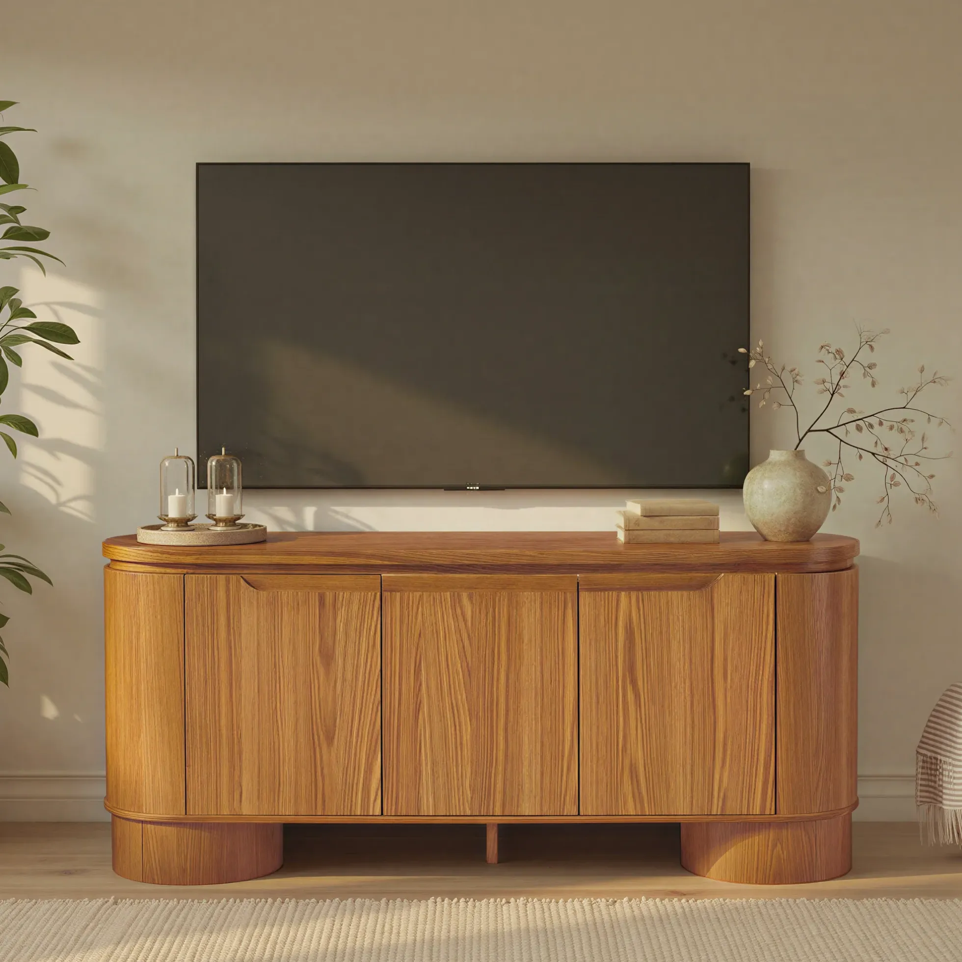 Maya Modern Curved Wood 70" TV Stand Sideboard