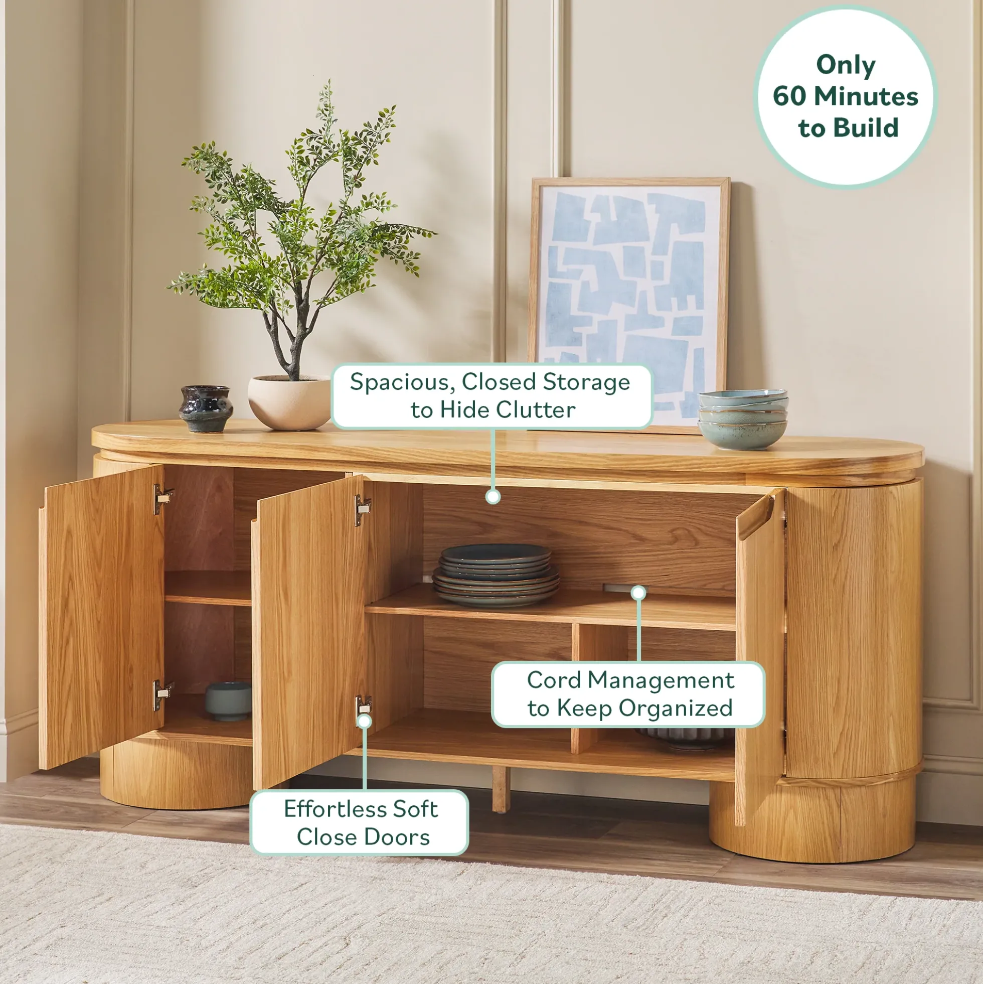 Maya Modern Curved Wood 70" TV Stand Sideboard