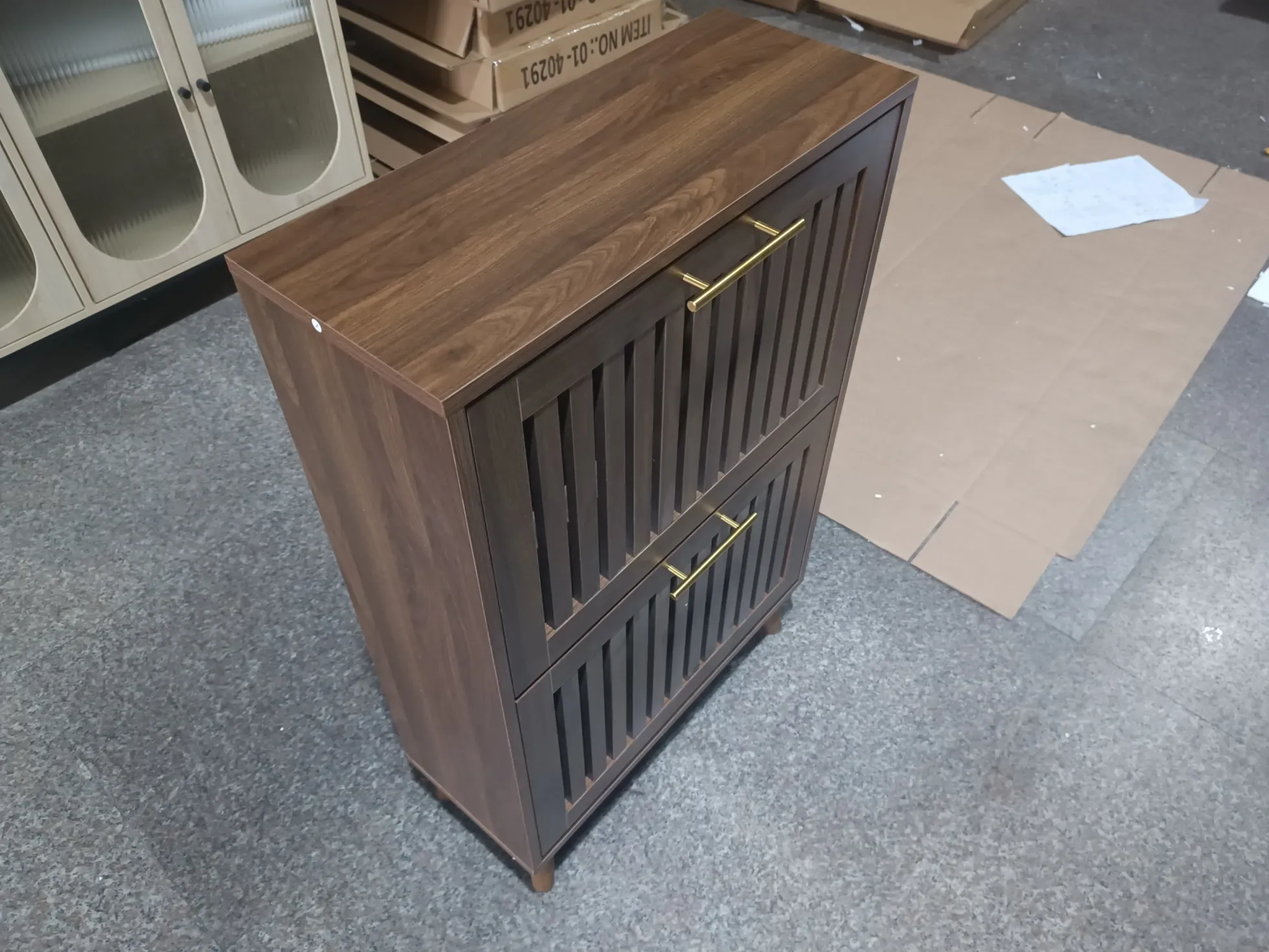 Medieval Modern Walnut Shoe Rack Entryway Cabinet