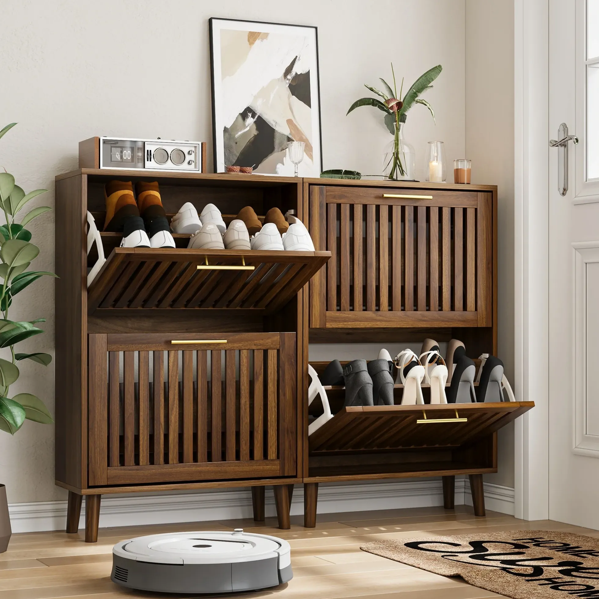 Medieval Modern Walnut Shoe Rack Entryway Cabinet