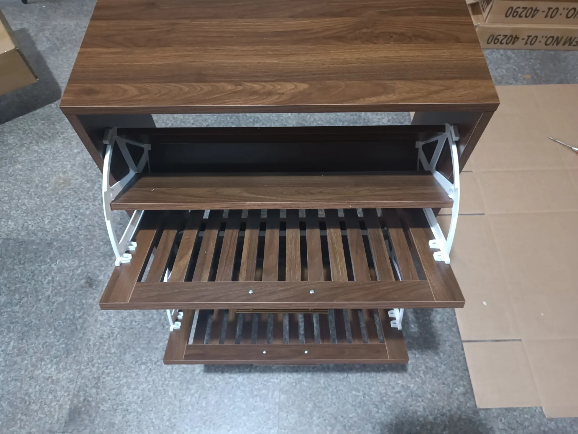 Medieval Modern Walnut Shoe Rack Entryway Cabinet
