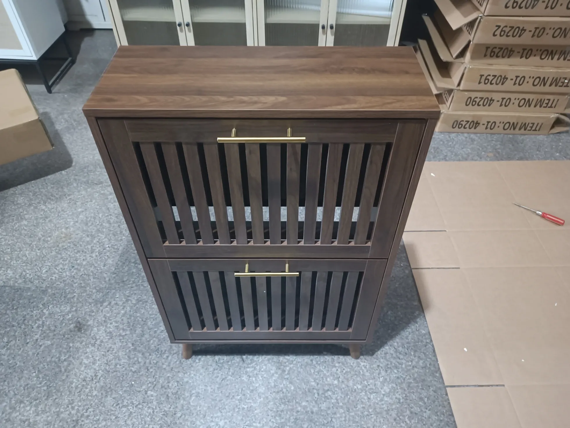 Medieval Modern Walnut Shoe Rack Entryway Cabinet