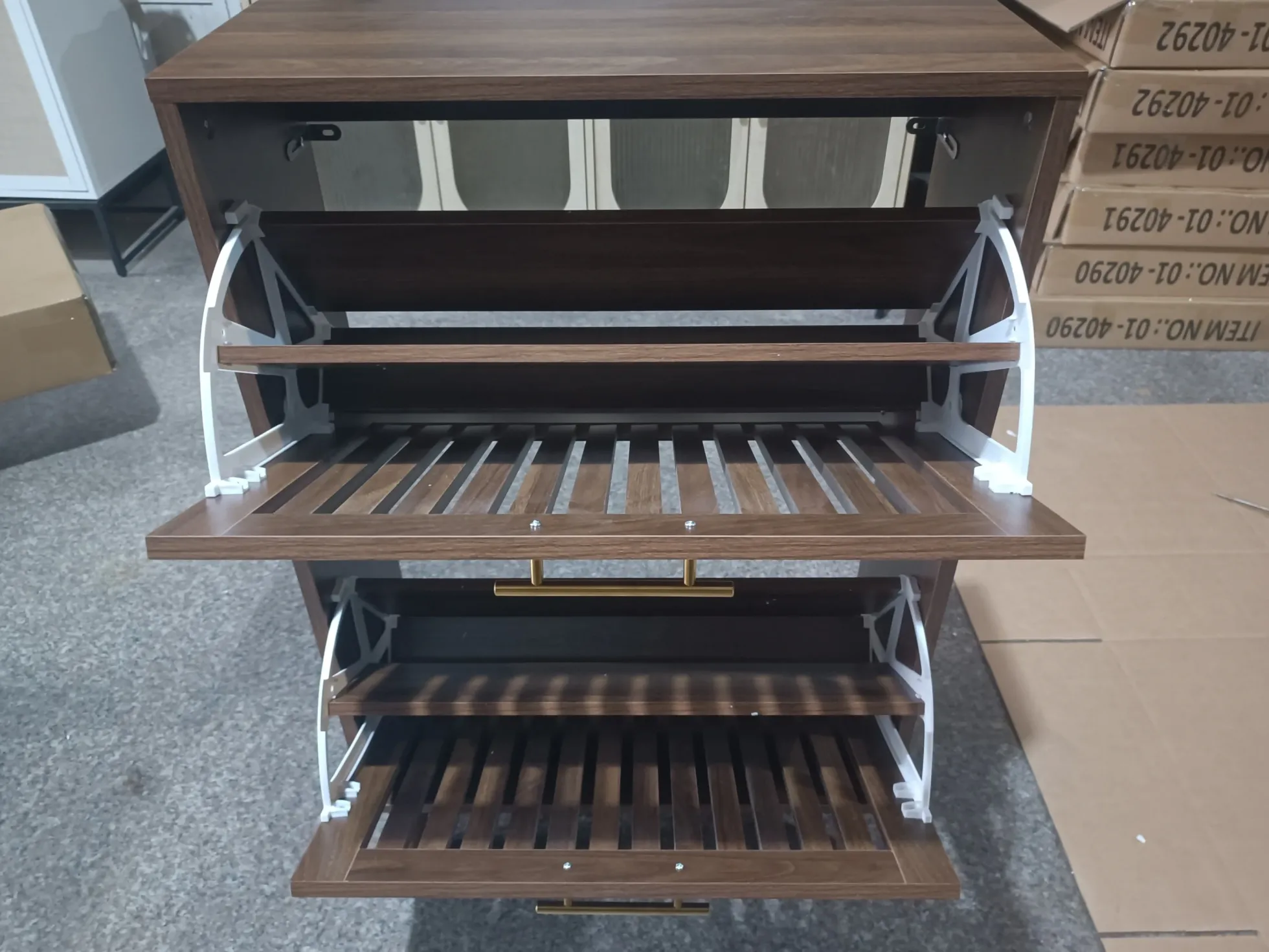 Medieval Modern Walnut Shoe Rack Entryway Cabinet