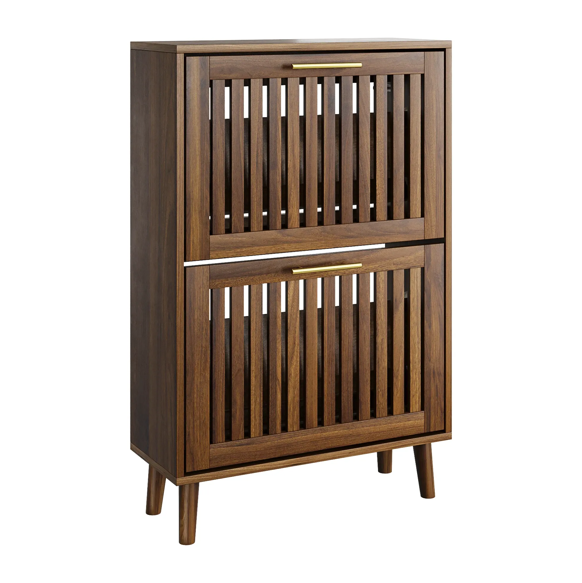 Medieval Modern Walnut Shoe Rack Entryway Cabinet