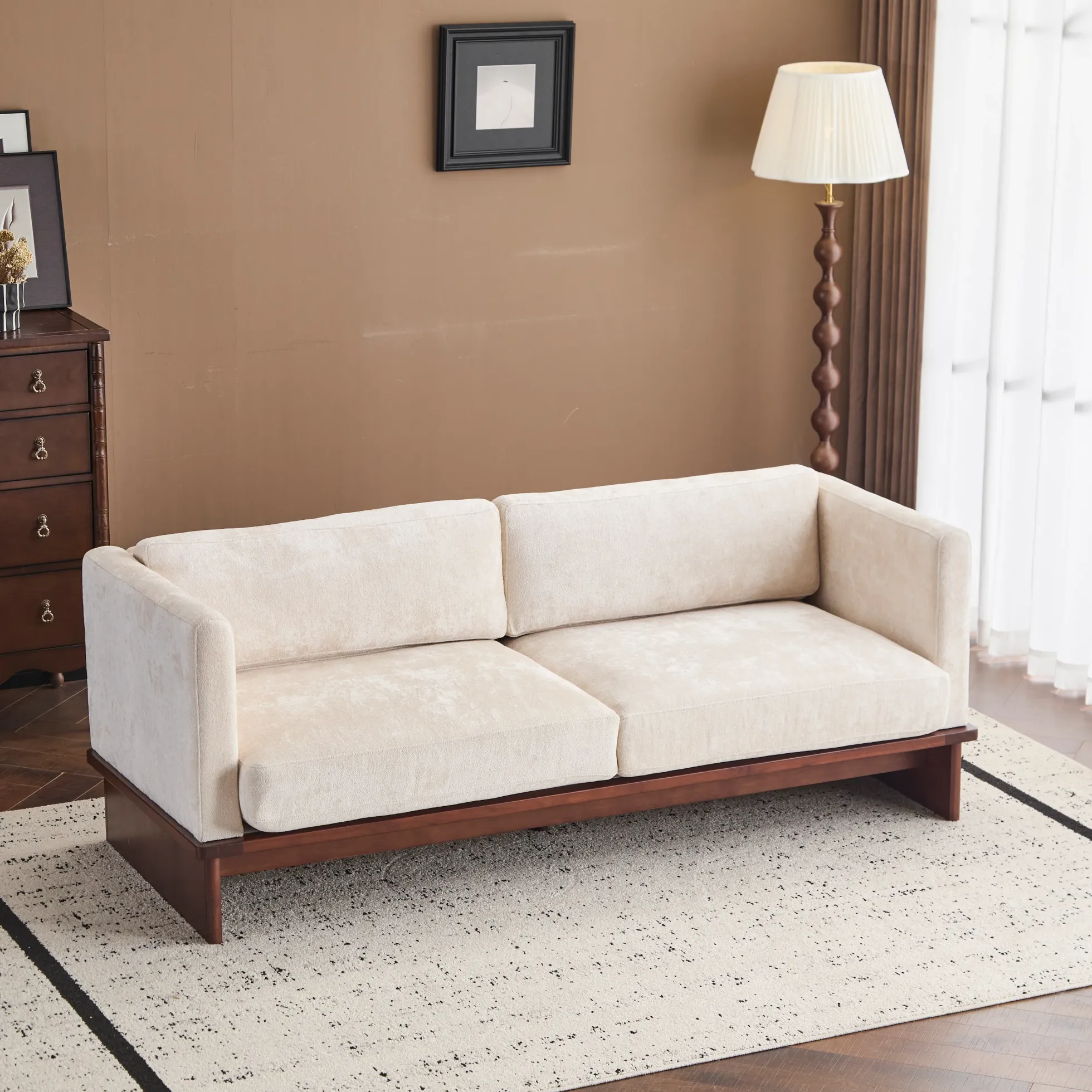 Mid Century Boucle Sofa with Solid Wood Base