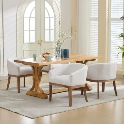Mid Century Modern Upholstered Linen Barrel Dining Chairs