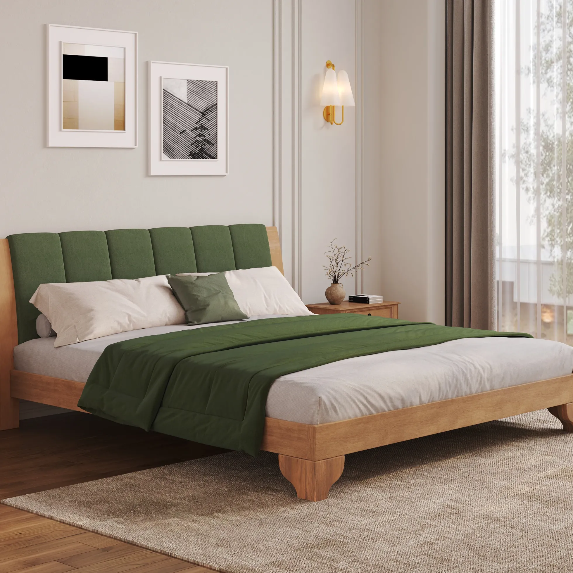 Mid Century Modern Wood and Upholstered Bedframe