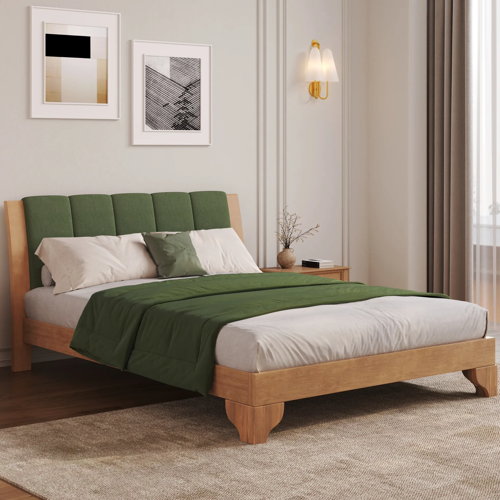 Mid Century Modern Wood and Upholstered Bedframe