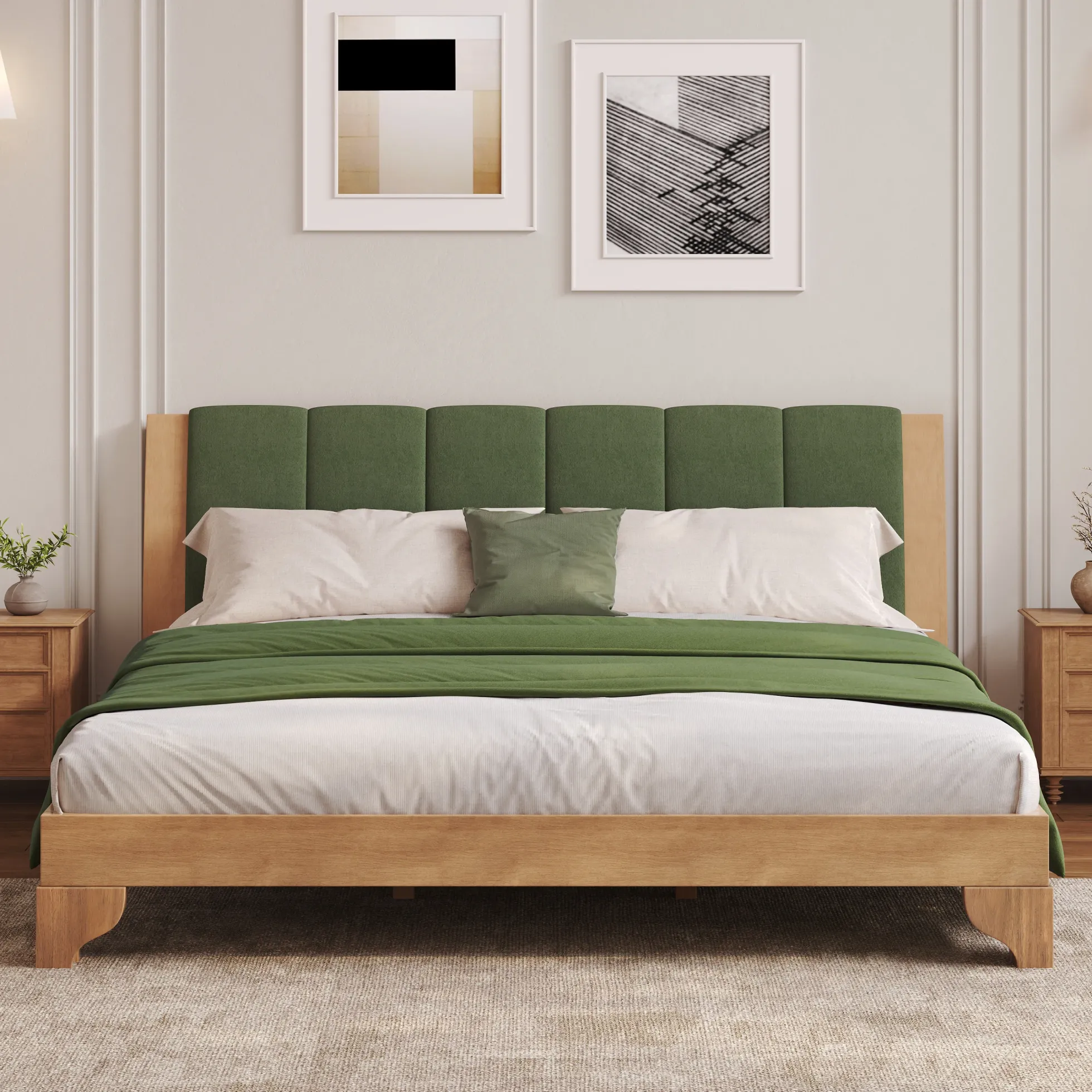 Mid Century Modern Wood and Upholstered Bedframe