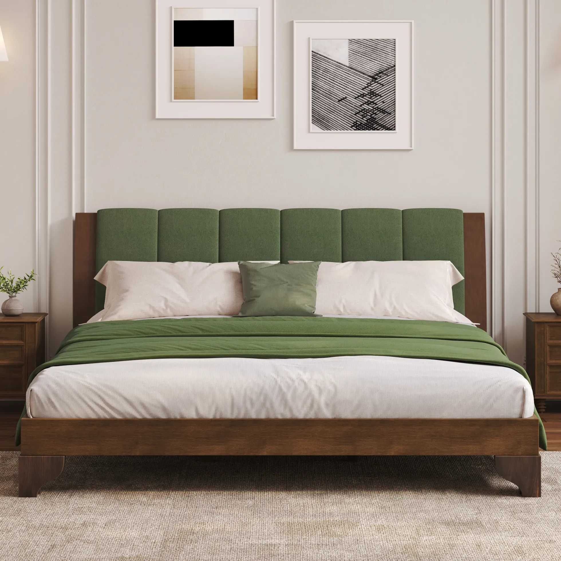 Mid Century Modern Wood and Upholstered Bedframe