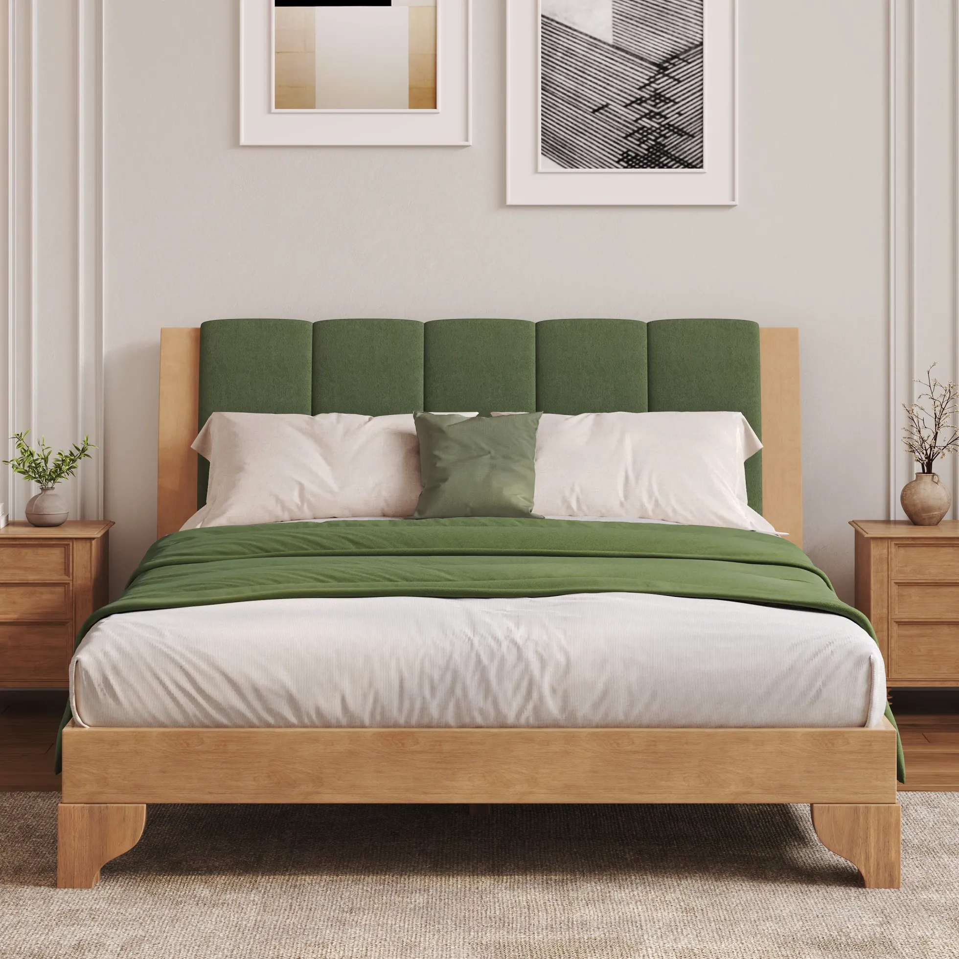 Mid Century Modern Wood and Upholstered Bedframe