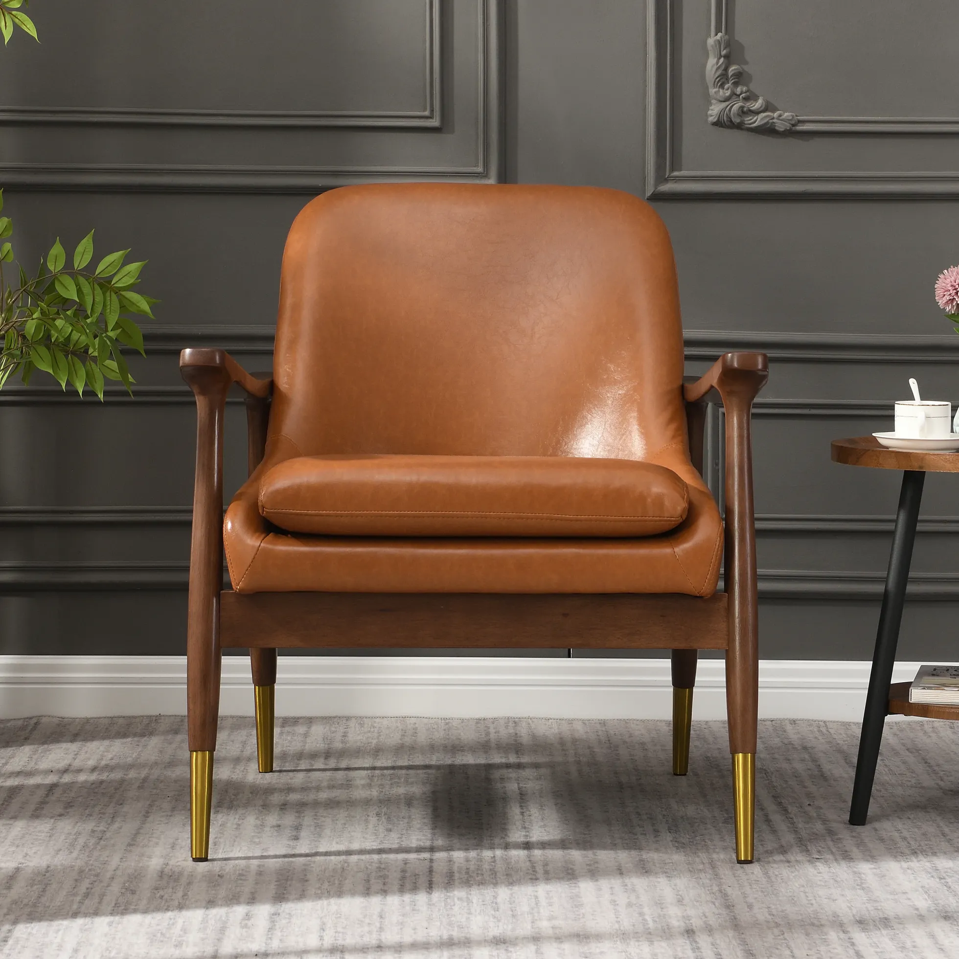 Mid-Century Faux Leather Accent Chair with Solid Wood Frame