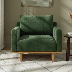 Mid-Century Modern Minimalist Green Accent Chair with Solid Wood Frame