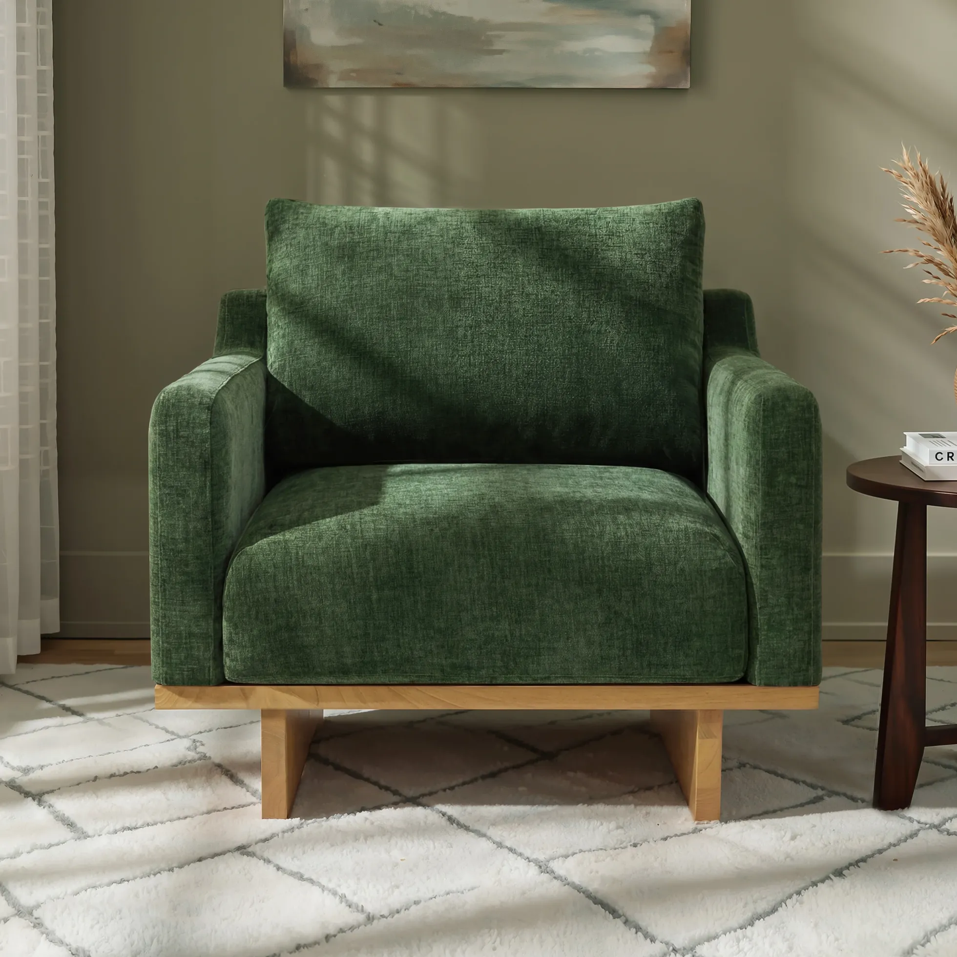 Mid-Century Modern Minimalist Green Accent Chair with Solid Wood Frame