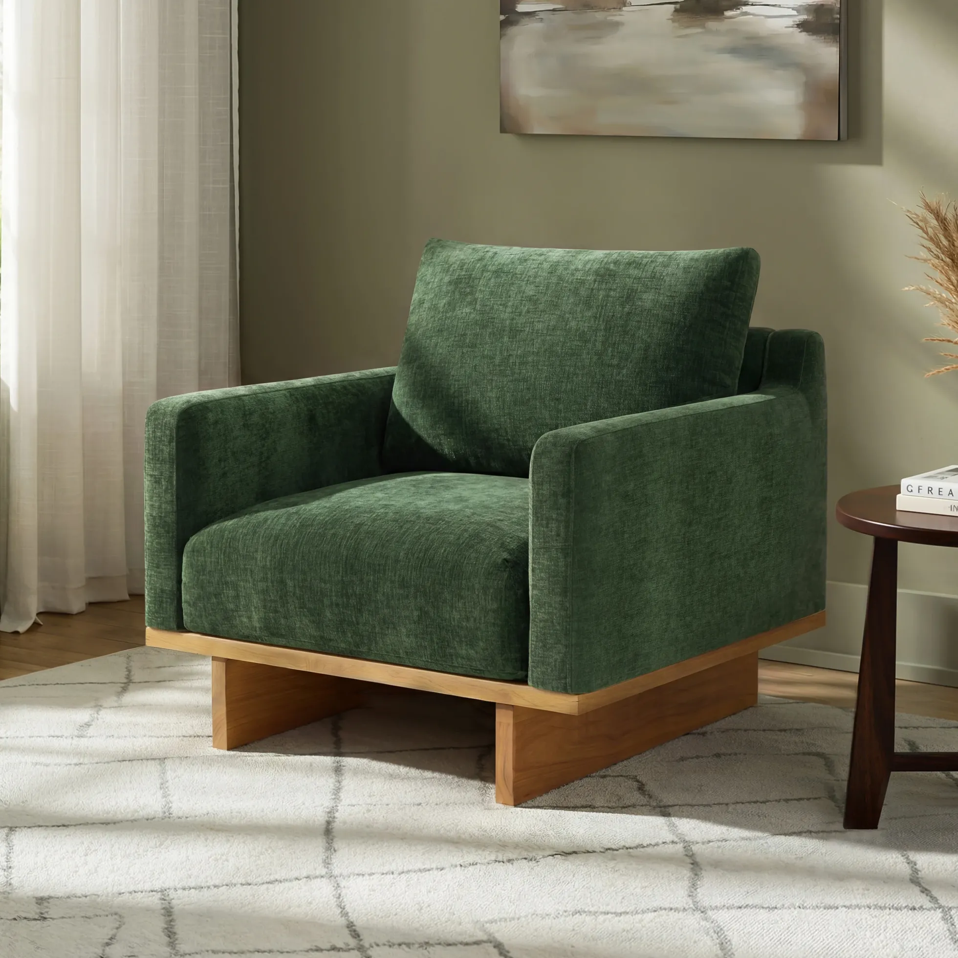 Mid-Century Modern Minimalist Green Accent Chair with Solid Wood Frame