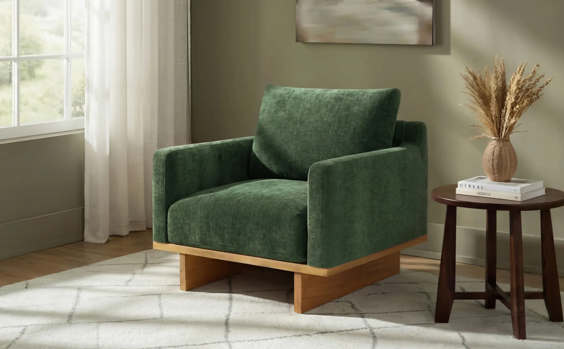 Mid-Century Modern Minimalist Green Accent Chair with Solid Wood Frame