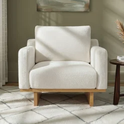 Mid-Century Modern White Minimalist Accent Chair with Solid Wood Frame