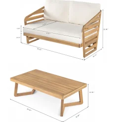 Minimalist Acacia Wood Outdoor Patio Loveseat and Coffee Table Set