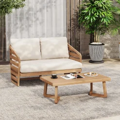 Minimalist Acacia Wood Outdoor Patio Loveseat and Coffee Table Set