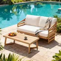 Minimalist Acacia Wood Outdoor Patio Loveseat and Coffee Table Set