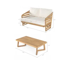 Minimalist Acacia Wood Outdoor Patio Loveseat and Coffee Table Set