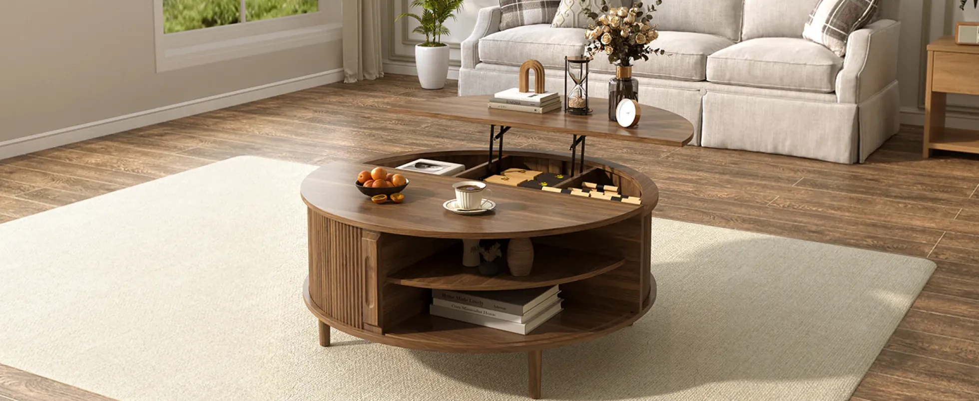 Minimalist Round Lift-Top Coffee Table with Hidden Storage