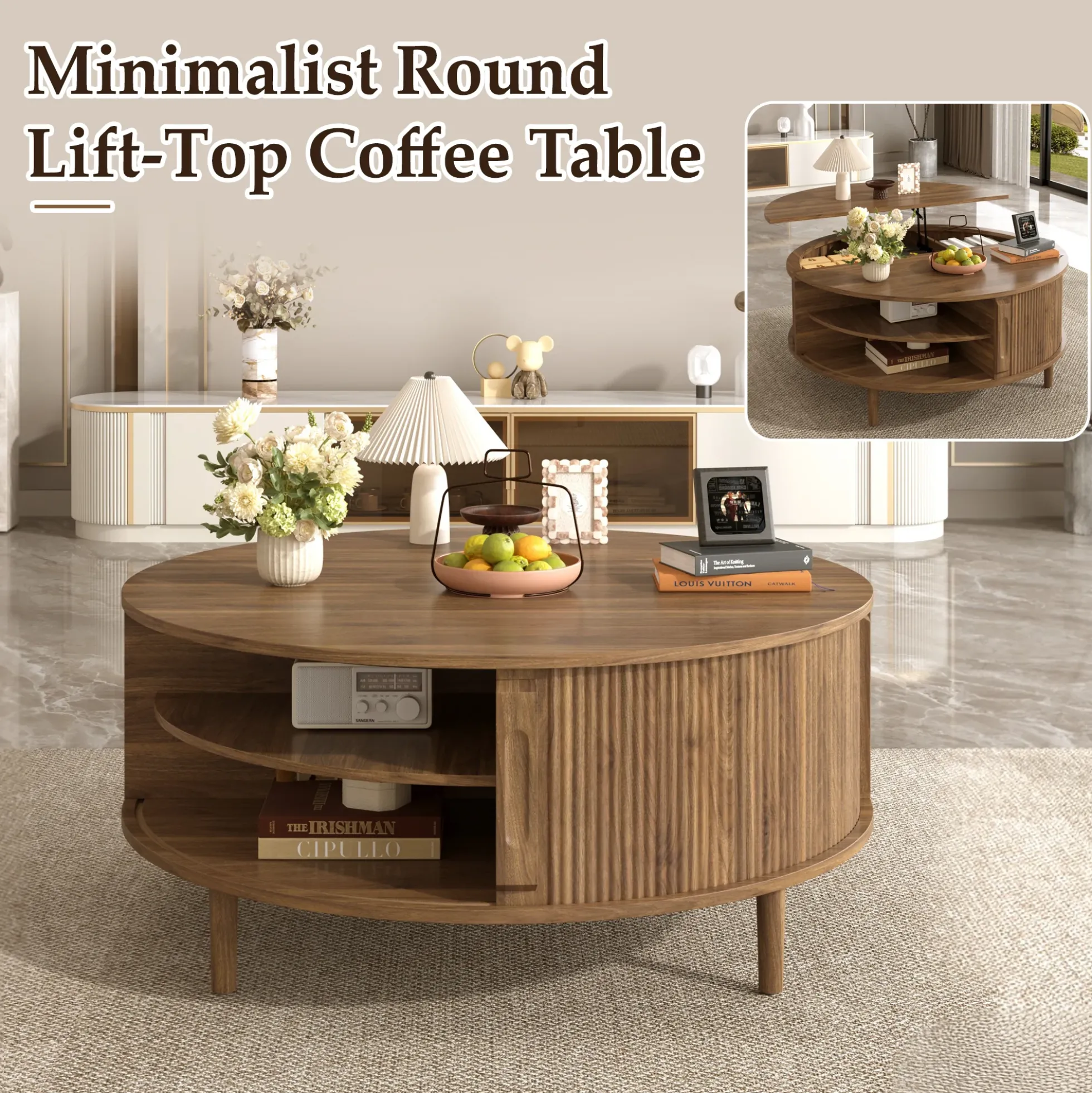 Minimalist Round Lift-Top Coffee Table with Hidden Storage