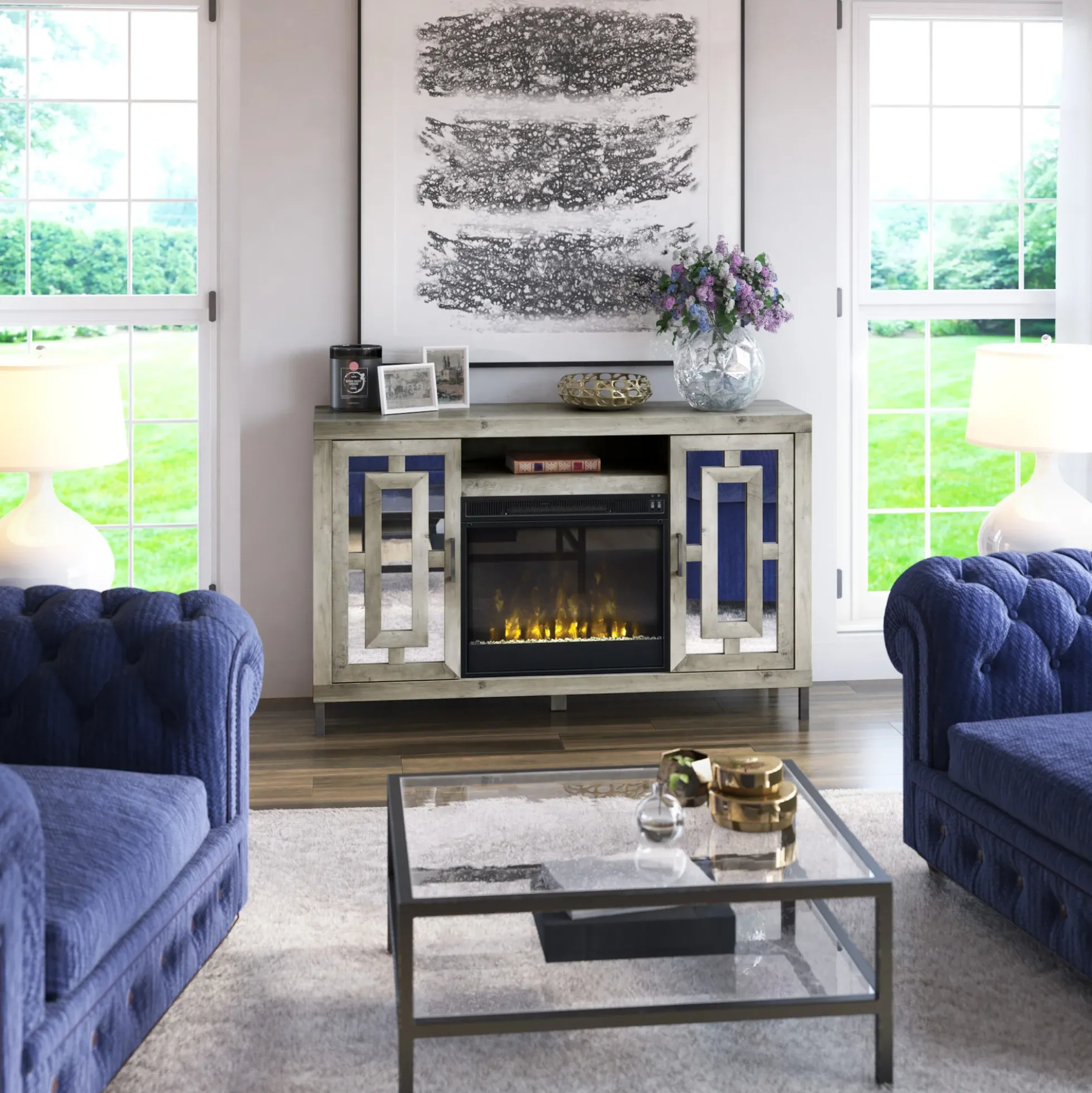 Mirrored Cabinet Door with 23" Electric Fireplace TV Stand Media Console