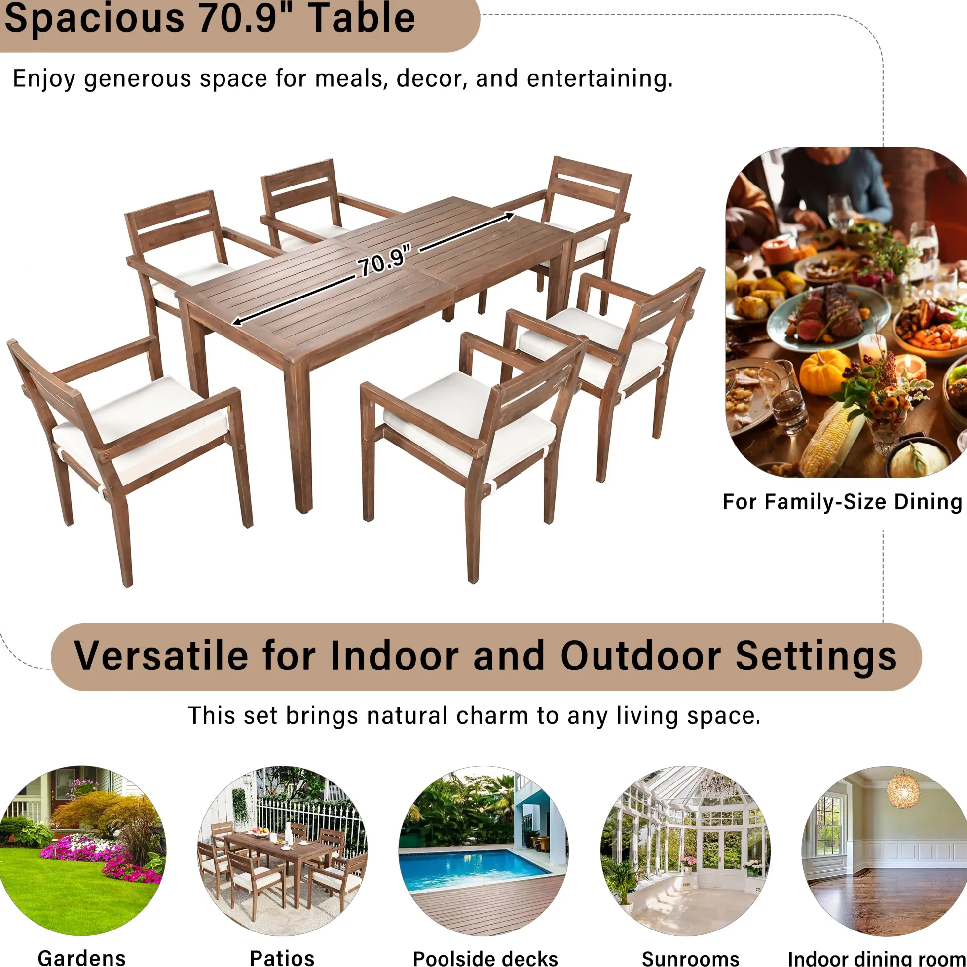 Modern 7 Pieces Acacia Wood Outdoor Full Dining Set with Chair Cushions