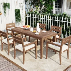 Modern 7 Pieces Acacia Wood Outdoor Full Dining Set with Chair Cushions