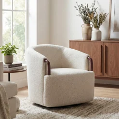 Modern Boucle Swivel Barrel Chair with Solid Wood Accents