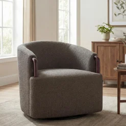 Modern Boucle Swivel Barrel Chair with Solid Wood Accents