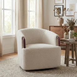 Modern Boucle Swivel Barrel Chair with Solid Wood Accents
